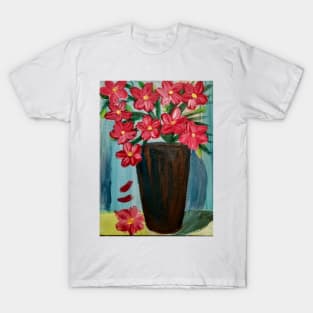 Some abstract red Lilly's flower In a copper and turquoise vase . T-Shirt